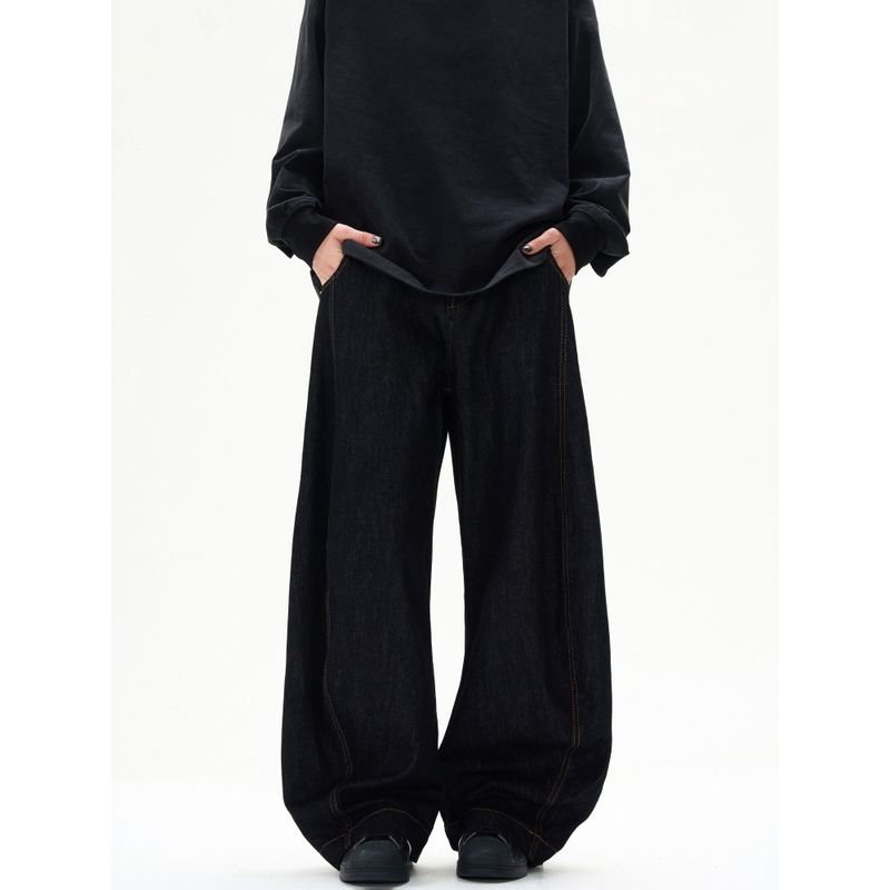 Kisko American Retro Wide Leg Profile Casual Black Matchet Pants Men and Women Straight-leg Washed Basic Denim Ins