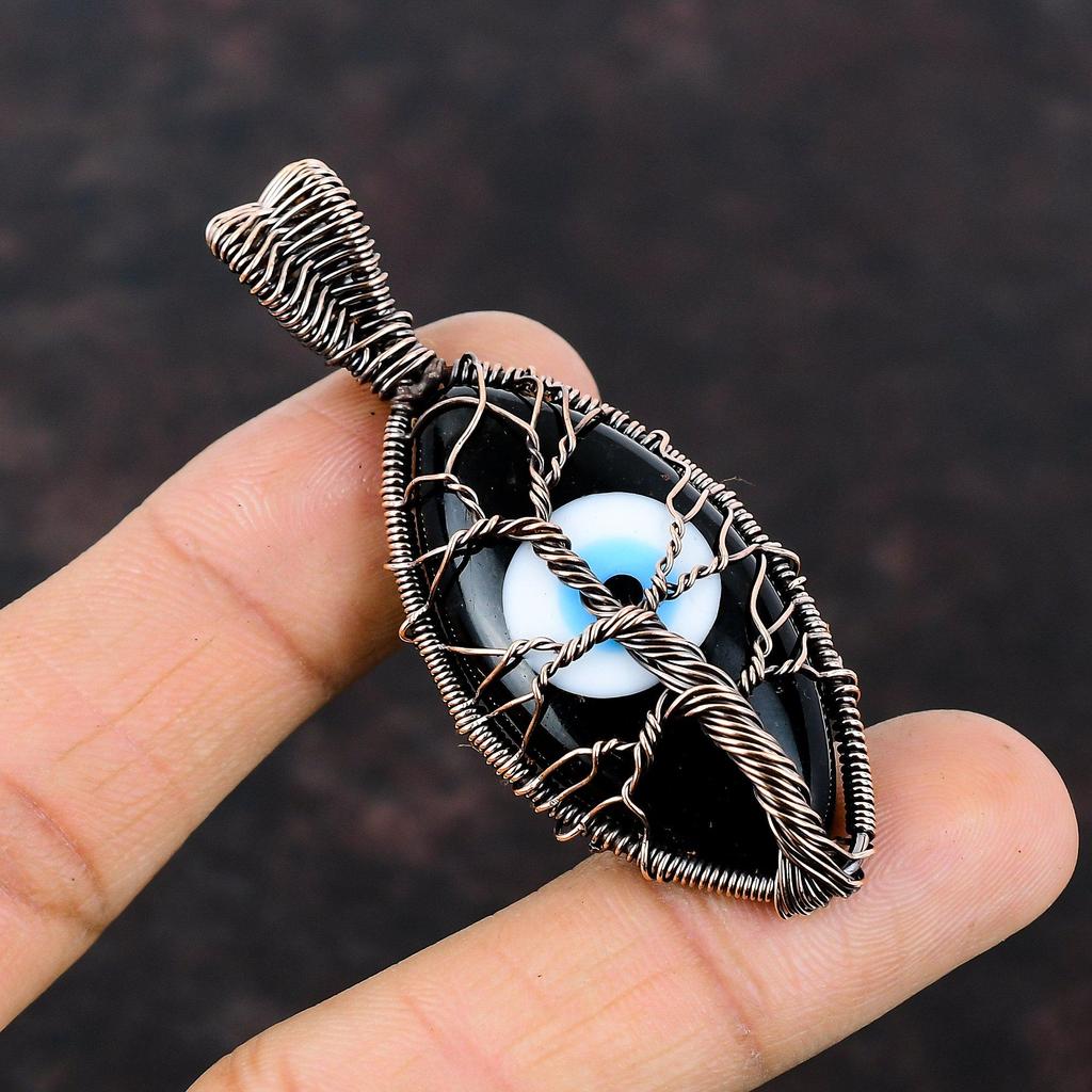 Tree Of Life Black Color Evil Eye Pendant Copper Wire Wrapped Jewelry Gemstone Pendant Copper Wire Pendant Anniversary Gift Handmade Pendant