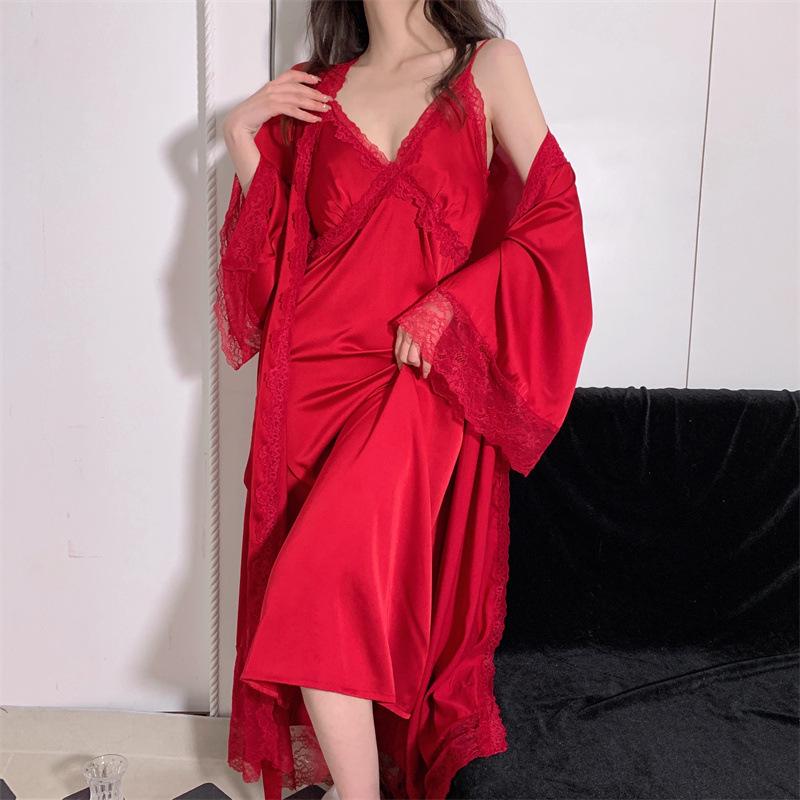 

Женский сексуальный комплект ночной сорочки из двух частей из ледяного шелка с нагрудными подушечками и длинным халатом на бретельках-спагетти Extra Large вино красного