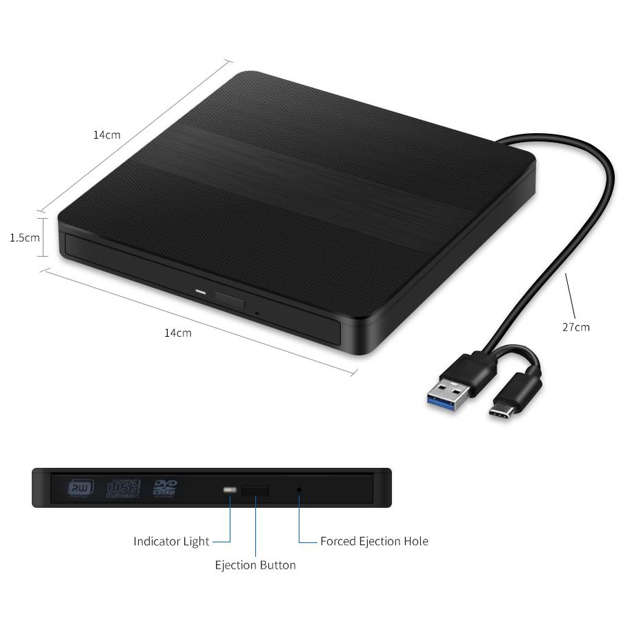USB 3.0 Type-C Portable 2in1 External Ultra-thin DVD Drive DVD RW CD Burner Reader Player Suitable for Laptops Mac Optical Drive
