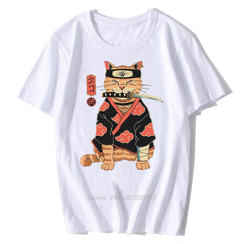 Anime Samurai Cat T Shirt Men Japanese Ukiyo-E Ninja Cat Print T-Shirt Men Cotton Tshirt Fashion Streetwear Harajuku Tees