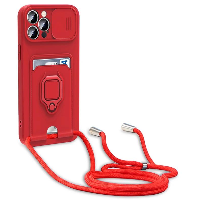 Luxury Soft Silicone Crossbody Necklace Cord Strap Case For Iphone 16 15 14 12 11 Pro Max 16e X XR 7 8 Plus Wallet Card Cover