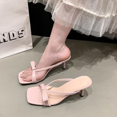 French Gentle Slippers Women's Summer Wear Bow Square Head with Skirt Slippers 2025 New High-heeled Cool Slippers