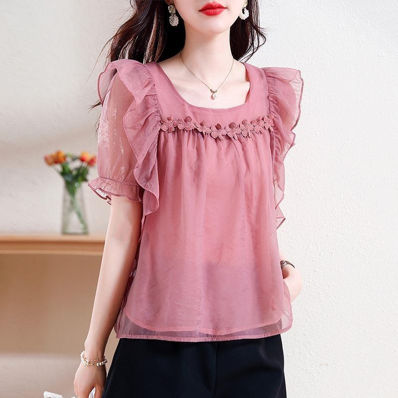 Women's Square Neck Ruffle Short Sleeve Blouse with Floral Trim Sheer Loose Fit Casual Top