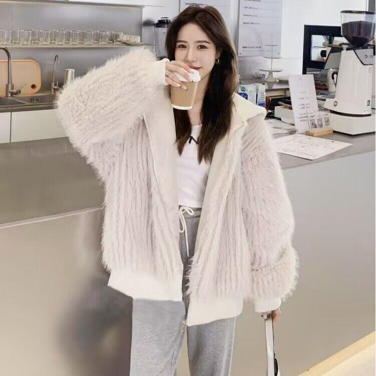 Autumn Winter Hairy Shaggy Soft Thick Warm Faux Fur Coat Women with Hood Fluffy Jacket Fake 2 Piece Clothes