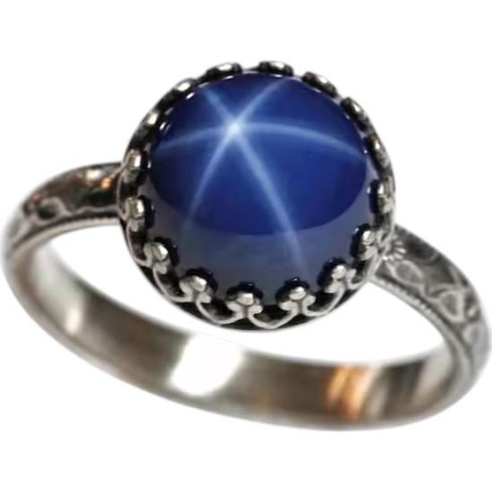 Blue Star Sapphire Ring Symmetrical Flower Crown - 8 mm Lab Created Gemstone, 925 Sterling Silver, Designer Ring For Her