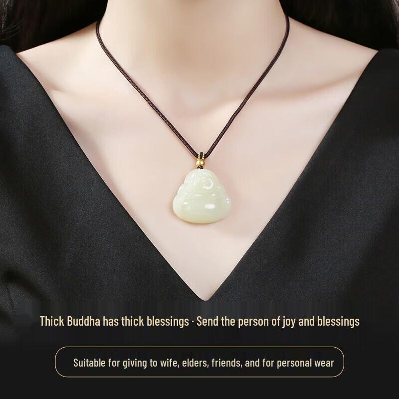 Fengxi Natural Hetian Jade Happy Buddha Pendant with Gold Beads