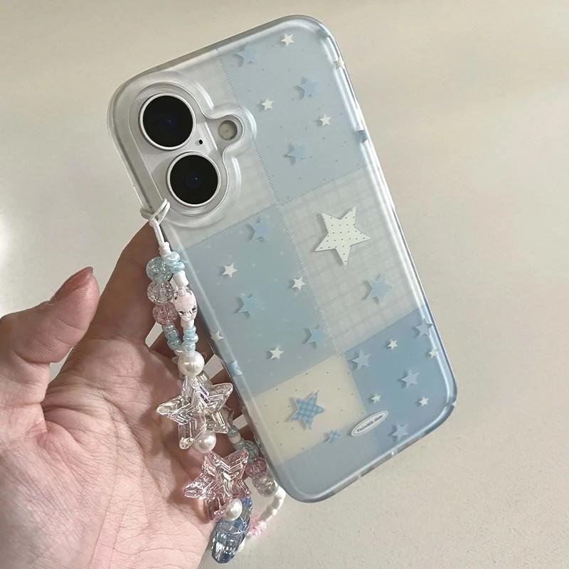 Cute Blue Plaid Star Phone Case for Samsung Galaxy S26 S25 S24 S23 S22 S21 FE Ultra Plus 4G 5G Feather Texture Back Cover