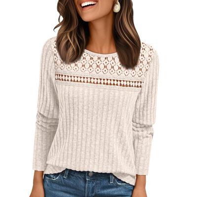 Fashion Casual Hollow Out Long Sleeved Women T-shirt Loose O Neck Elegant Lace Knit Top Autumn New Pullover Pit Strip Basic Female Clothing