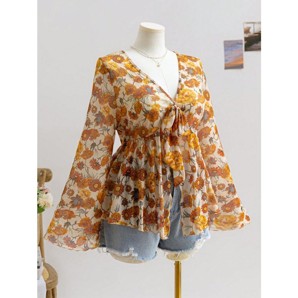 V-hals Trykket Feriestil Dame Bluse med Utsvingede Ermer Løs og Flytende