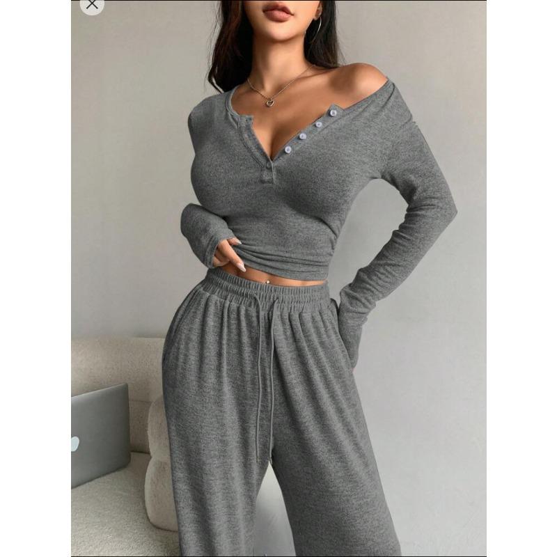 Women Solid Color Two Piece Set Long Sleeve Buttoned Fitted Top Long Pants