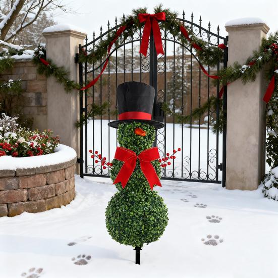Christmas Snowman Topiary 31" Artificial Snowman Shaped Topiary Tree with Red Bow Santa Hat Faux Boxwood Topiary for Home Front Porch Garden Decor