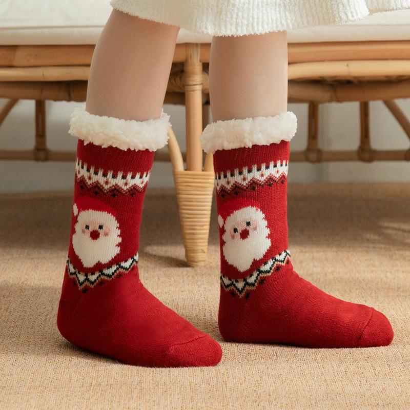 Winter Christmas Themed Women Lamb Fleece Floor Socks, Adult Non-Slip Indoor Snow Socks for Home Carpet