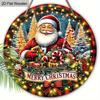 2D Flat, 1 PC Christmas Gift - Santa Holding Gift Box Round Wooden Ornament Decorative Sign & Plaque, “Merry Christmas”, Home Holiday Party Wall Art