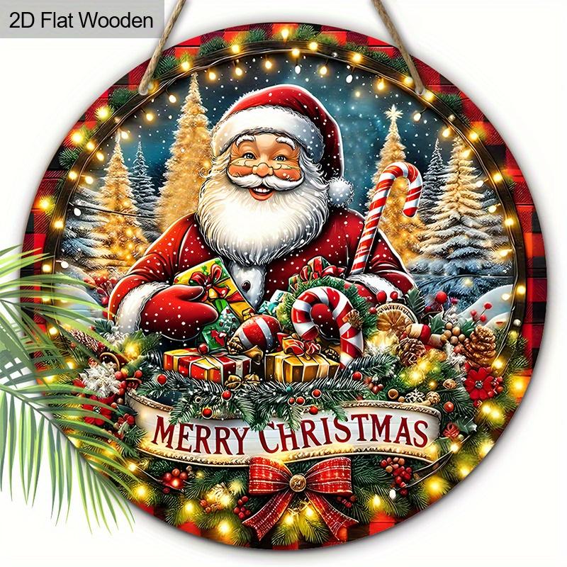 2D Flat, 1 PC Christmas Gift - Santa Holding Gift Box Round Wooden Ornament Decorative Sign & Plaque, “Merry Christmas”, Home Holiday Party Wall Art
