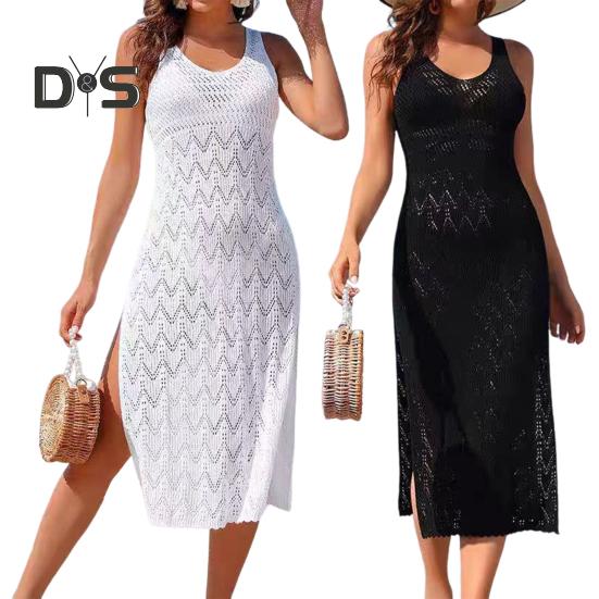 Sommerliches ausgehöhltes gestricktes Strandkleid für Damen, sexy V-Ausschnitt, ärmelloses Cami-Kleid, Boho-Überzugskleid, Sommer-Strandparty-Sommerkleid