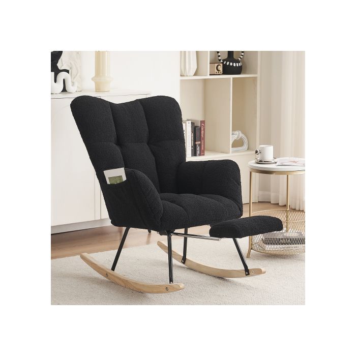 Nouveau Fauteuil À Bascule Contemporain Avec Housse Rembourrée En Taffetas Imprimé Oursons, Repose-pieds Extensible, Noir