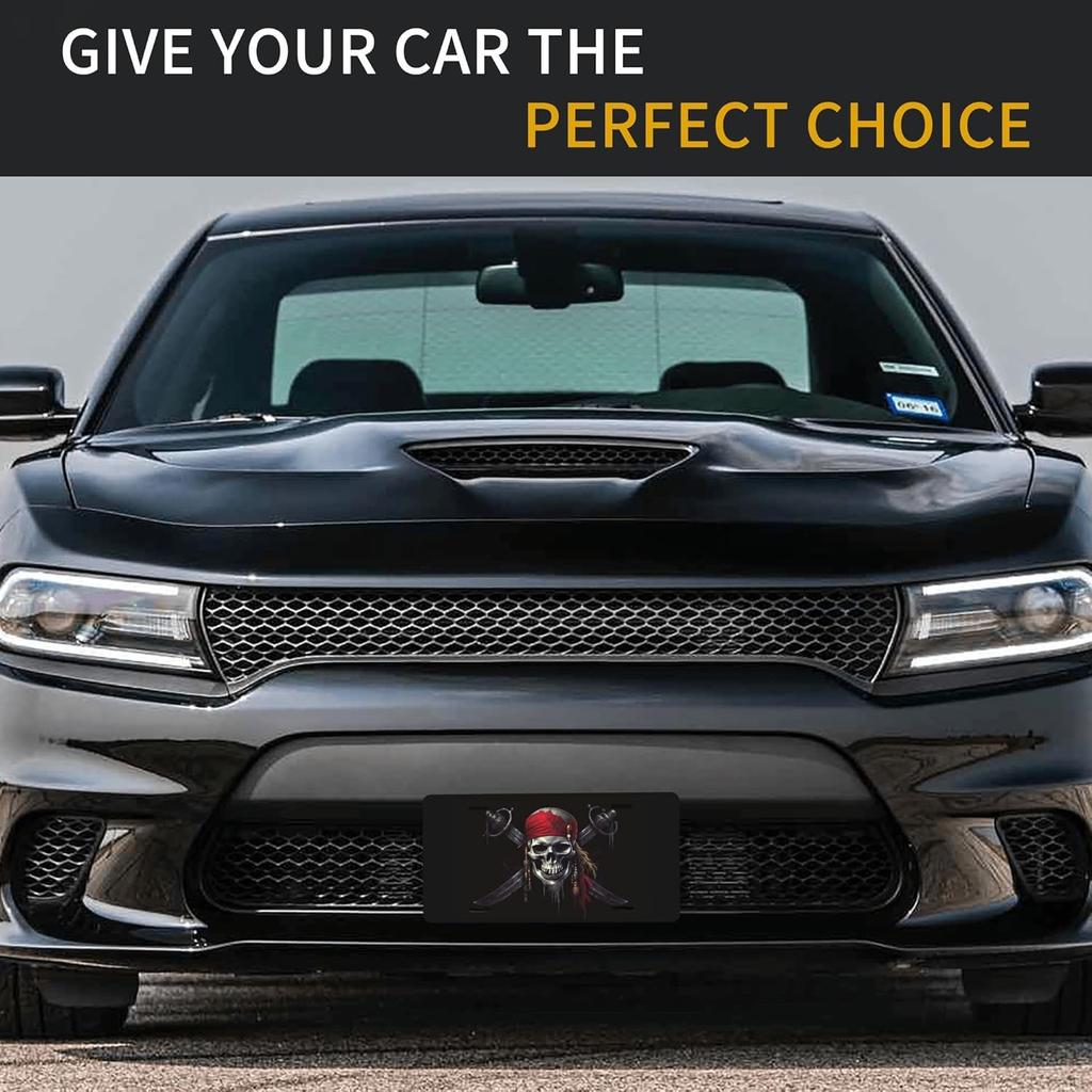 Pirates Skull Flag License Plate Decorative, Car Front License Plate Aluminum Novelty Metal Car Plate 6 X 12 Inch