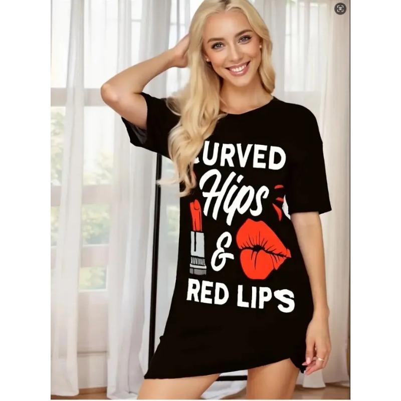 

Ladies Dress with Funny Letter Pattern Loose Fitting Dress, Sweet and Casual Plus Size Short Sleeved Mini Dress M