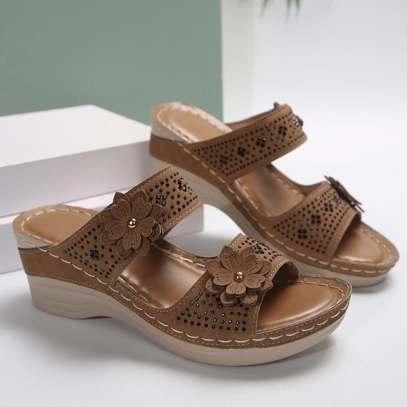 Large Size Summer New Retro Casual Flower High Heel One-character Women's Wedge Heel Slippers Shoes