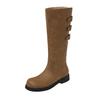 Nischendesign braune Stiefel 2025 neu runde Zehenpartie flache Sohle Stiefel Damen kleiner dicker Absatz hohe Reiterstiefel
