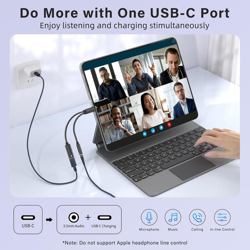 USB C To 3.5mm Headphone and Charger Adapter, 2 In 1 USB C To Aux Audio Adapter & 60W Fast Charging Dongle Compatible with iPhone 16/16 Pro/15,