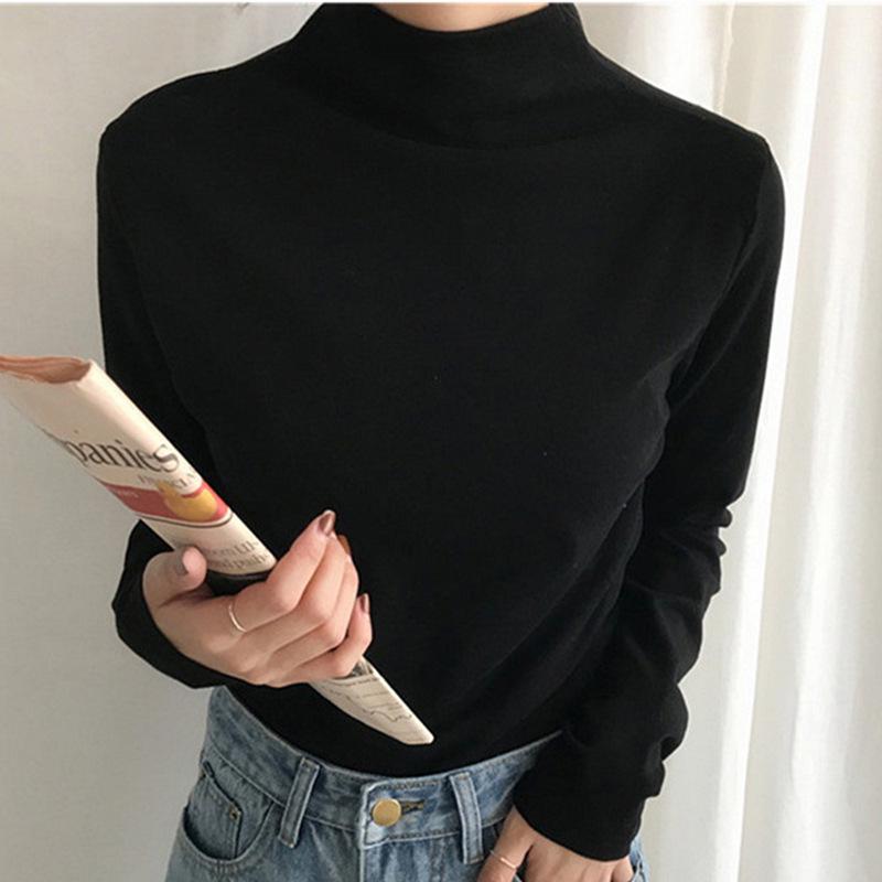 Women's Slim Fit Fleece High Neck T-Shirt - Korean Style Casual Long Sleeve Warm Top for Autumn and Winter 2025