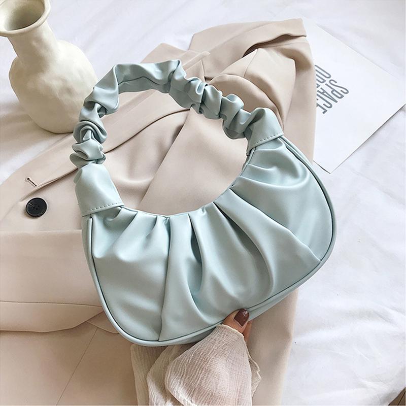 Fashion Pleated Handle Bags For Women Solid Color Cloud Bags PU Leather Shoulder Bags Armpit Bag Leisure Girls Small Tote Casual