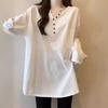 2026 Spring White Cotton Slimming Long-Sleeve Top with Half-Button Collar
