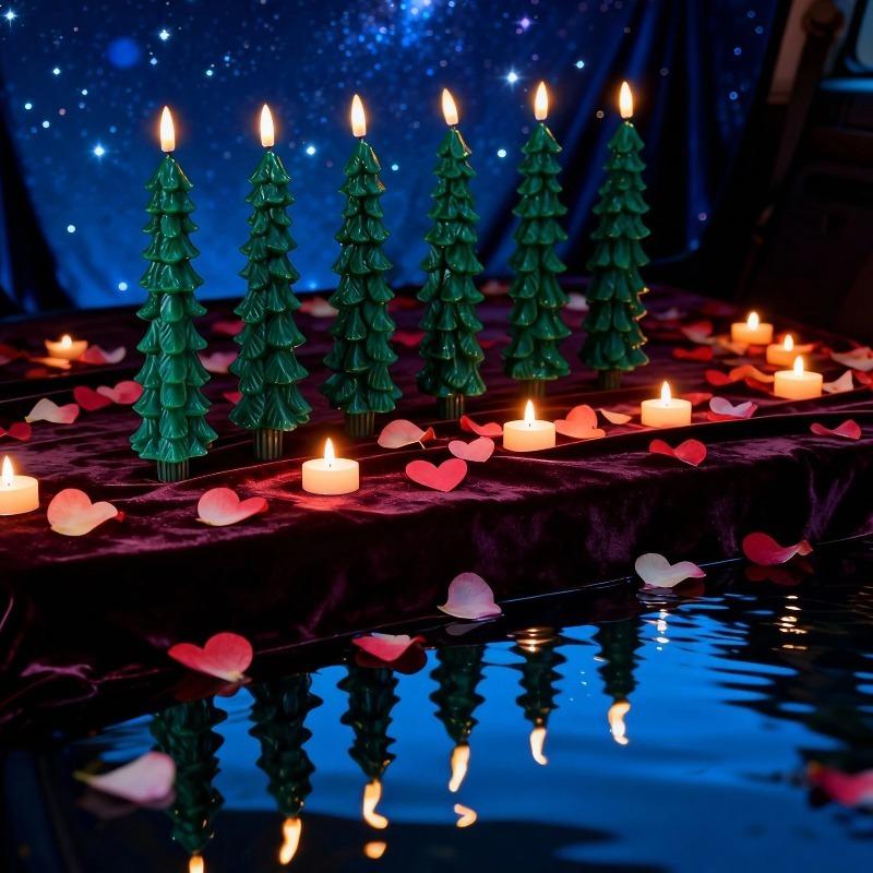 4/2pcs Christmas Tree LED Flameless Candles Light with 3D Flame Wick Green LED Candlesticks Operated for Christmas Home Decor