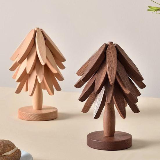 1 Set Christmas Tree Coaster with Base 3 Layers Tree Shape Wooden Trivet Anti-scald Heat Resistant Countertop Pot Pan Coffee Tea Cup Holder