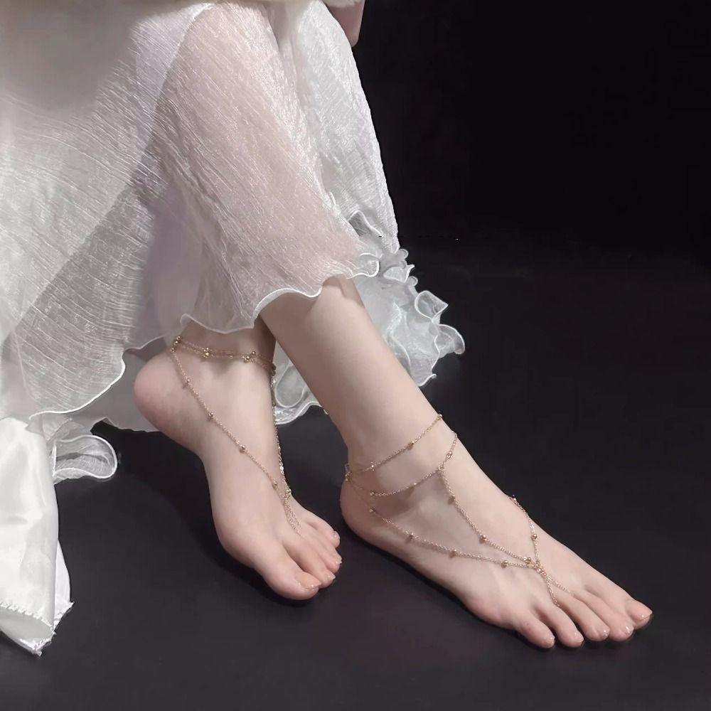 Multilayer Mesh Tassel Anklet Bracelets for Women, Toe Jewelry Foot Accessories for Wedding Party, Summer Fashion