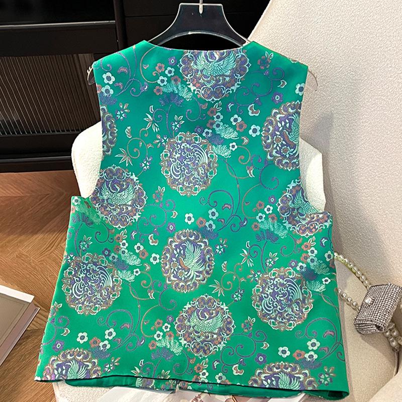 Women's Spring New Silk Brocade Tang Suit Vest with Frog Buttons