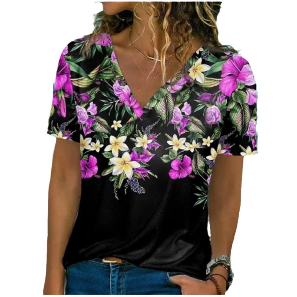 Summer New Women's T-shirt 3D Printed V-neck Short Sleeve
