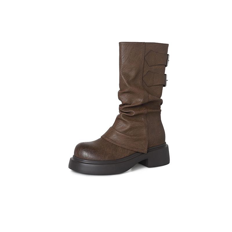 Maillard Pleated Pile Medium Boots Women's Muffin Pants Boots Western Cowboy Boots High Heel
