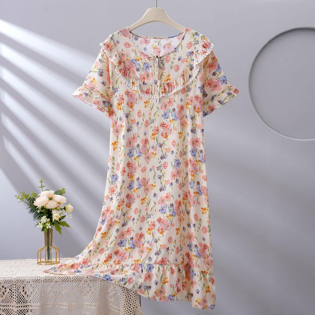 1011 new spot women's spring, summer and autumn cotton silk loose thin large version nightdress simple and comfortable loungewear