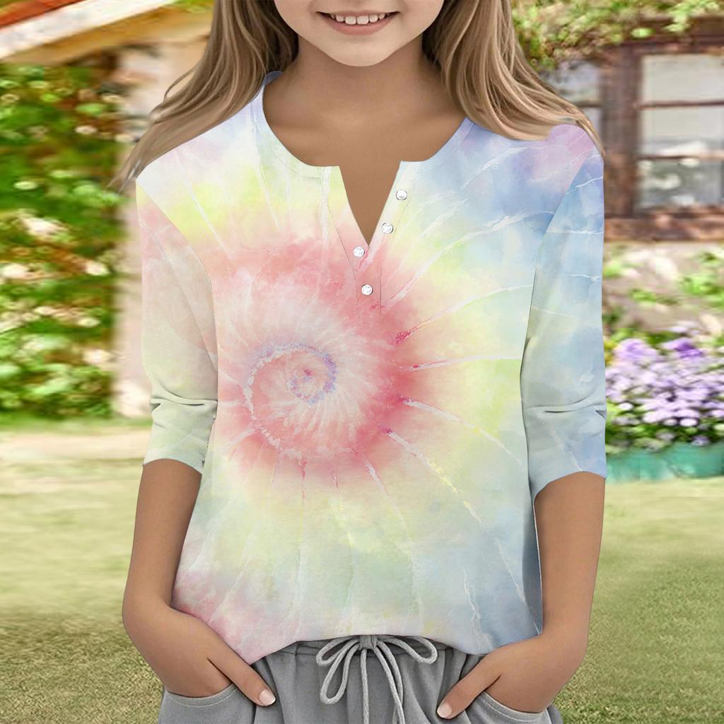 Print Tops For Youth Girls V Neck Button 3/4 Sleeves T-Shirts Trendy Tops Outfit Tees
