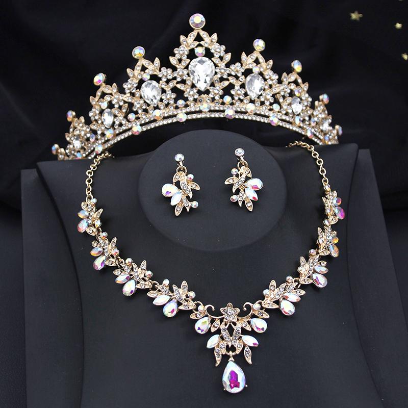 Gorgeous Princess Purple Crystal Bridal Jewelry Sets for Women Tiaras Crown Bride Earrings Wedding Necklace Jewelry Set