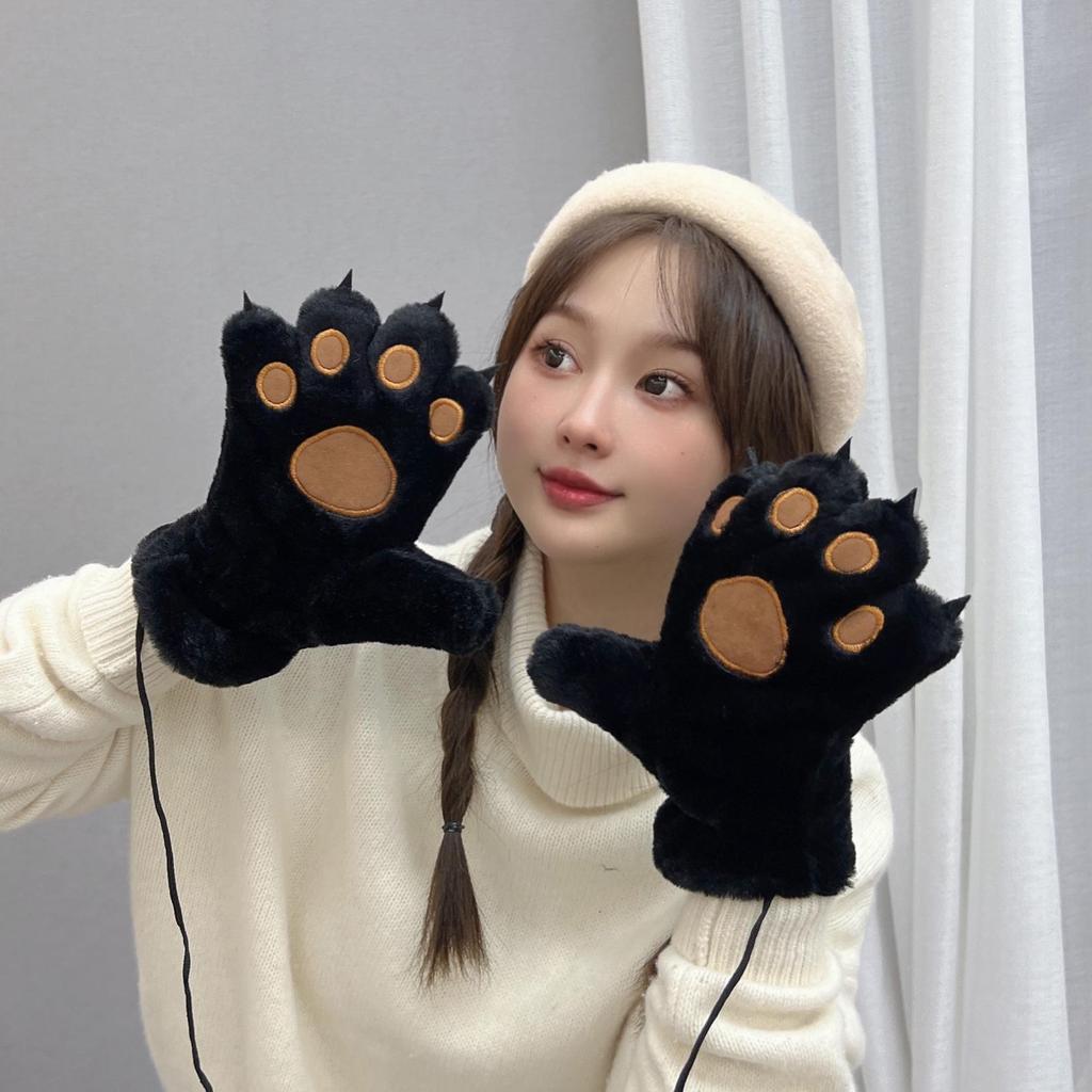 Gants Mignons d'Automne et d'Hiver pour Femmes avec Pattes d'Ours et de Chat en Peluche - Épais, Chaud, Design Cartoon pour Étudiantes