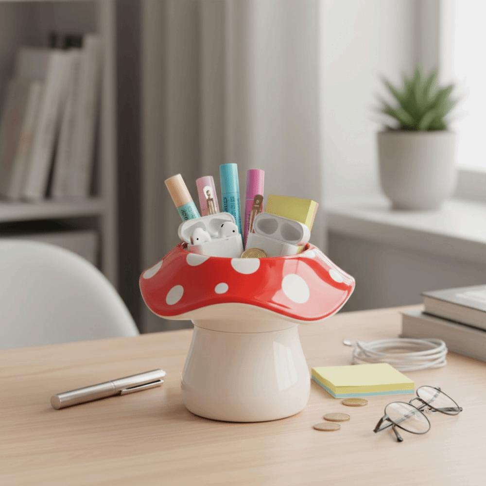 Multifunctional Design Mushroom Storage Box Polka Dot Pattern Pen Holder  Desk Stationery