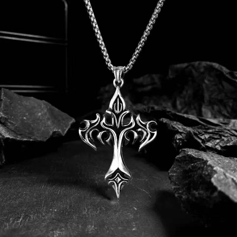 1PCS Fashion Retro Flame Cross Pendant Necklace Men's and Women's Long Chain Punk Gothic Fashion Accessories