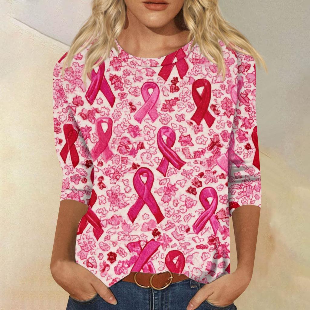 Women's Fashion Casual Seven Split Sleeve Printed Loose Round Neck Top