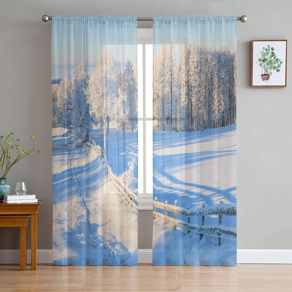 Christmas Tree Print Curtain Bedroom Living Room Cafe Xmas Snowflake Winter Semi Drape Voile Window Treatment Sheer For Sitting Made Of Polyester