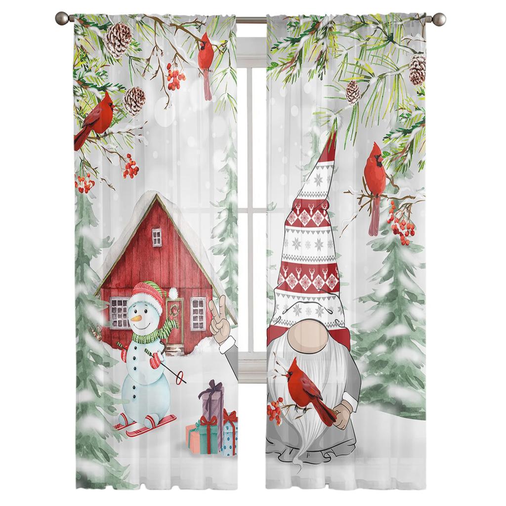 Light Filtering Christmas Snowman Snow Scene Tulle Curtains Living Room Bedroom Decoration Transparent Chiffon Voile Window Curtain Polyester Washable