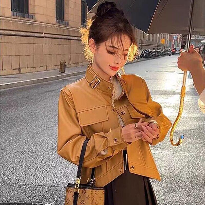 

Осенняя женская новая ретро кожаная куртка кофейного цвета с ретро воротником-стойкой короткая S recommends 80-50 kg