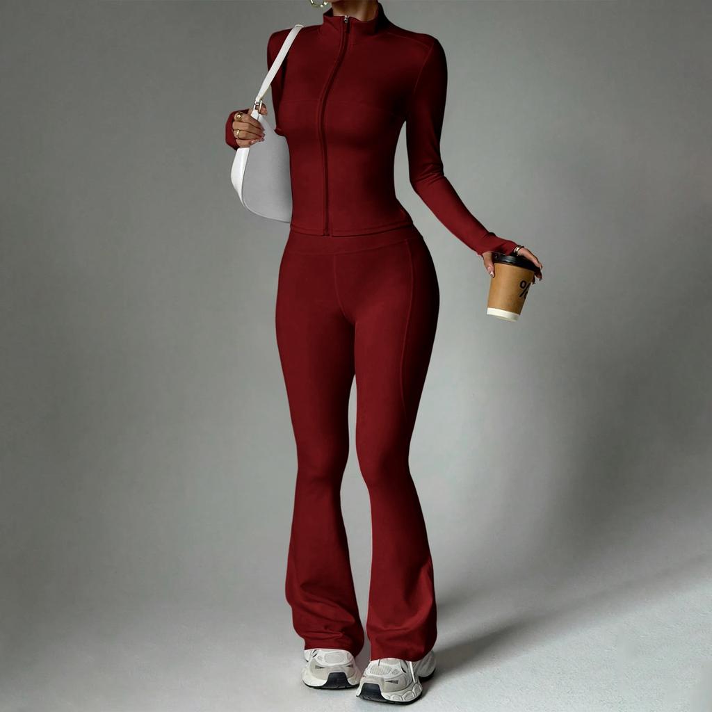Women's 2 Piece Yoga Set with Zip-Up Long Sleeve Jacket and Flared Pants for Fitness and Training
