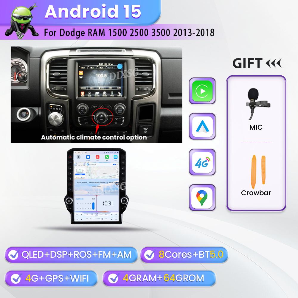 

14.5 Android15 Car Multimedia Video Player For Dodge RAM 1500 2500 3500 2013-2018 Tesla Style Wireless Carplay BT Stereo 4G 360 Eight Core
