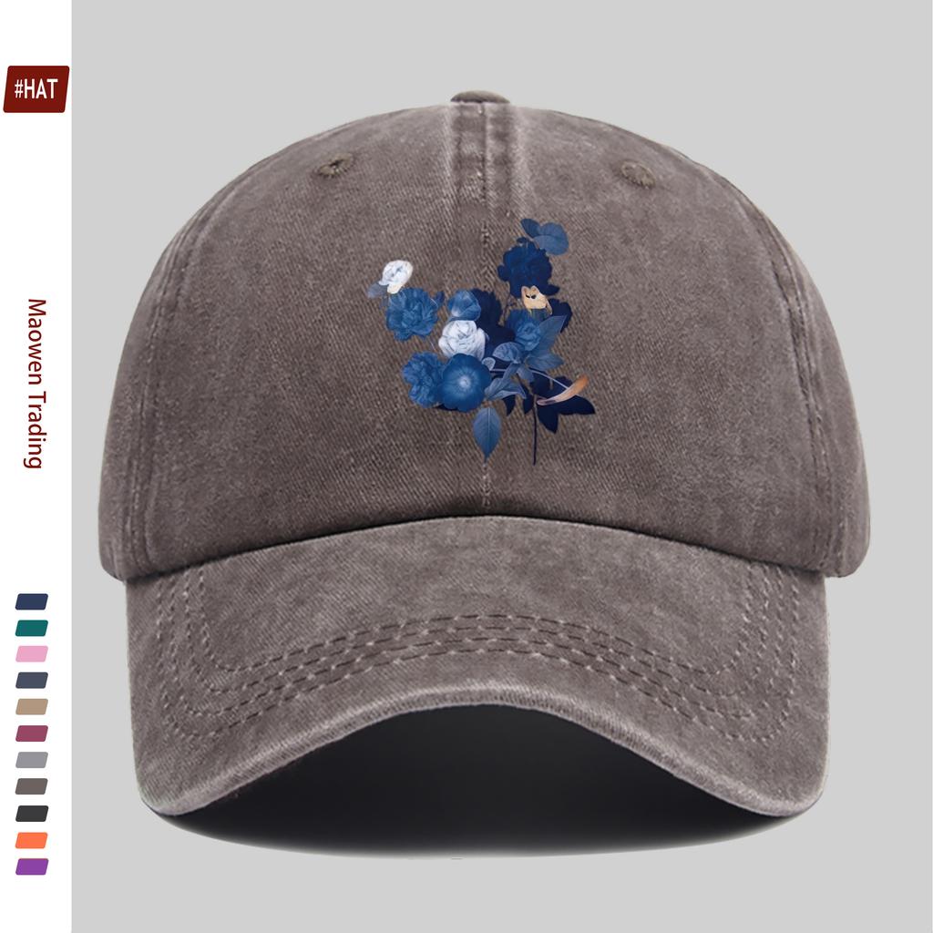 Pc Pcs Blue Floral Trucker Hat Suitable for Men Women Adjustable Washed Buckle Strap Vintage Washed Baseball Cap with Flor