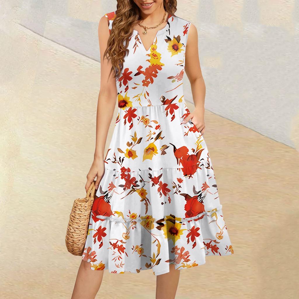Dámské letní ležérní plisované šaty s volánky ve vintage květinovém stylu s výstřihem do V a bez rukávů