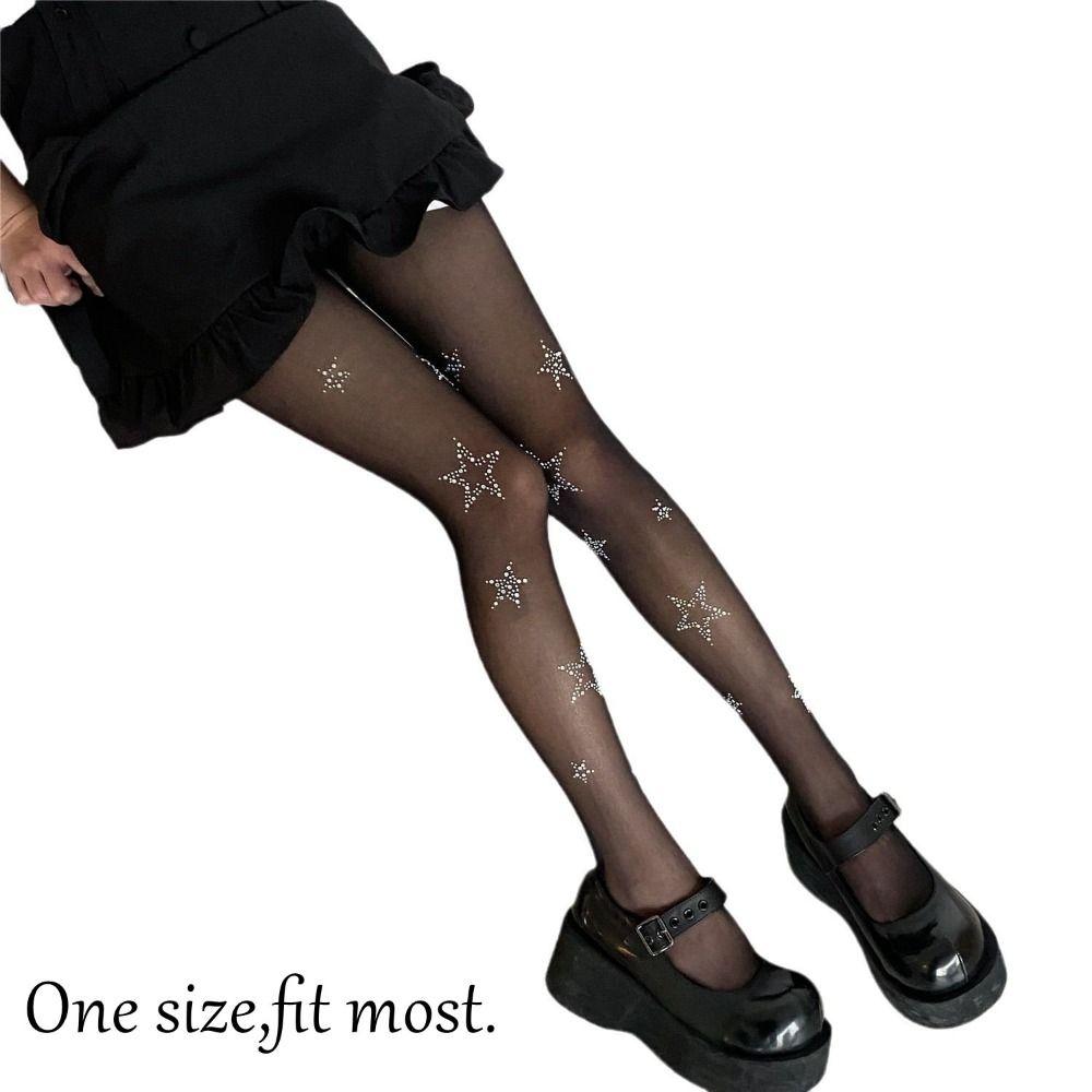 High Elasticity Diamond Star Stockings Black Color Rhinestone Pantyhose  Daily Wear